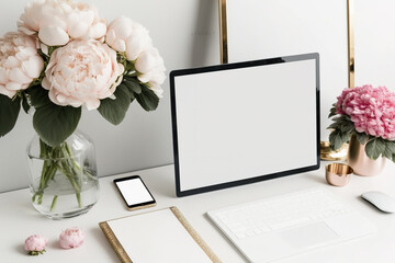 Office desk with blank copy space mockup laptop screen. Modern home decor with pink peonies. Blog, social media, website hero template. Generative AI