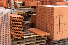 Pallets With Bricks In A Warehouse Of A Brick Factory
