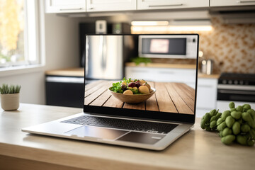 Empty laptop screen on wooden tabletop with modern blur kitchen background. Product presentation. Generative AI