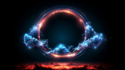 Poster - A circular neon light with clouds and space for a product or text. Generative AI. 