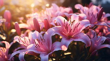 Lilies Flowers White Lilac Pink With Morning Dew Water Drops In Garden On Fron Blue Sky ,nature Plant 