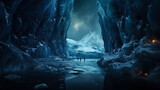 Fototapeta Uliczki - a scenic view from ice cave in north pole, clear river in the cave, lake and sky with strars and aurora at the outside, polar bear at the lake, reflection, dramatic light and shadows, hyper realistic 