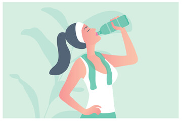 woman drinking water bottle vector illustration. Healthy lifestyle concept