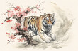Image of tiger with pink cherry blossoms in ancient chinese style. Wildlife Animals. Nature. Illustration, Generative AI.