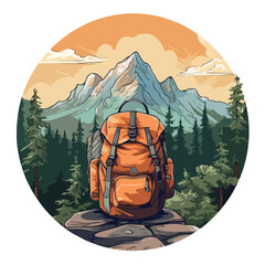 Wall Mural - vintage retro big camping backpack in pine forest logo badge vector illustration