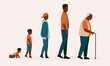 Side View Of An Aging Process Of Black Male From Baby To Senior. Full Length. Flat Design.