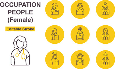 Various Types Of Occupation People Thin Line Art Icon Set - Female. Editable Stroke. Icon Includes Such As: Female Doctor, Flight Attendants, Waitress, Female Chef. Female Architect.