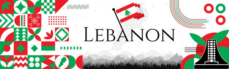 The Lebanon Independence Day abstract banner design with flag and map. Flag color theme geometric pattern retro modern Illustration design. Green, white and Red color template.