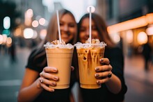 Happy Female Friends With Ice Coffee On City Street ,Generative AI