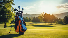 Generative AI, A Sports Bag With Golf Clubs Stands On A Green Golf Course, A Professional Elite Golf Club, A Place For Text, A Lifestyle, An Advertisement For A Sports Store