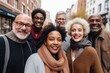 Diverse group of mature people of different races smiling happy face in city