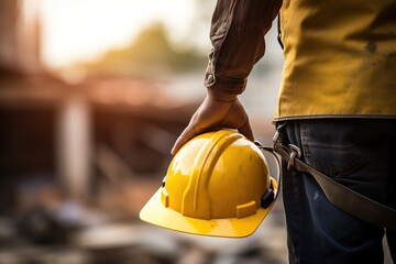 Close-up of a construction worker holding a hard hat in his hands.Generative Ai