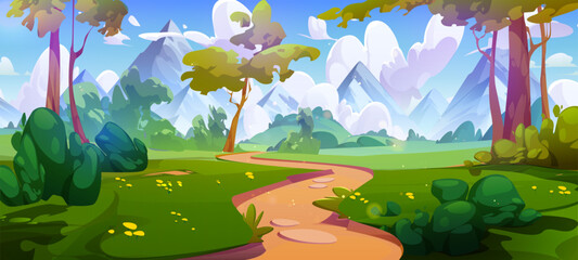 Wall Mural - Forest cartoon landscape with walking path among green trees, bushes and grass with flowers on background of rocky mountains and sky with clouds. Vector illustration of summer woodland scenery.