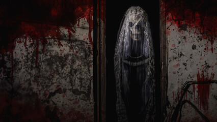 Wall Mural - Halloween concept of ghostly bride in a bridal dress and veil with a skull face standing in shadows of a haunted house doorway and old blood-splattered white wall