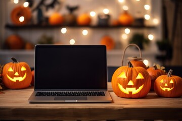 Laptop computer mock up white empty blank screen template Happy Halloween pumpkins decorations background, Thanksgiving digital online shopping website promo fall sale promotion offer ads, mockup.