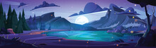 Night Forest Mountain Lake Cartoon Background. River Water In Beautiful Valley In Summer Above Moonlight. Outdoor Nature Park Game Environment At Nighttime Illustration. Full Moon In Sky With Cloud