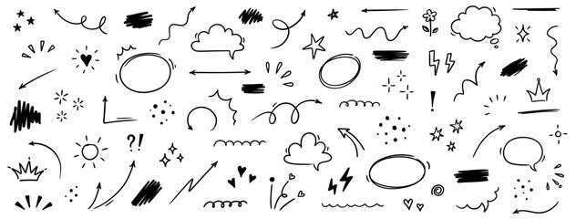 Aufkleber - Sketch line cute star element, arrow, heart shape. Hand drawn doodle sketch style circle, cloud speech bubble grunge element set. Arrow, star sparkle, heart brush decoration. Vector illustration