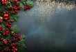 Red berries and pine tree branches Natural decoration for Christmas Space for text. Made with Generative AI
