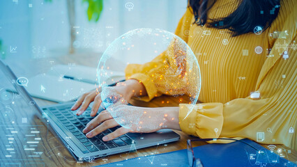 Leinwandbilder - Young woman working in office and holographic planet earth.