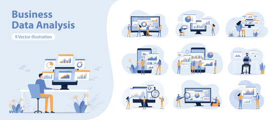 Poster - vector business data analytics research and Data Scientist concept. set illustration design marketing  team meeting and working on report dashboard monitor. business finance investment planning 