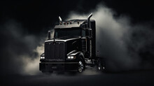 Classic Black Semi Truck On Dark Background With Smoke