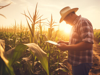 Farmer looking at his digital tablet in a corn field. Digital and smart farming concept. 