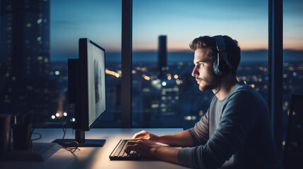 young man working overnight from home