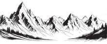 Mountain Sketch Landscape In Black On A White Background. Hand Drawn Sketch Style Rocky Peaks. Vector Landscape Illustration. Banner