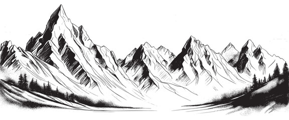 Mountain sketch landscape in black on a white background. Hand drawn sketch style rocky peaks. Vector landscape illustration. banner