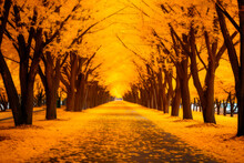 Beautiful Alley In A Park With Yellow Trees And Sunlight