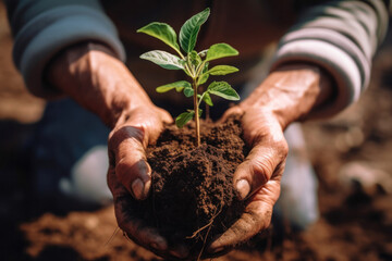 Close up on two male hands planting a young tree in the ground. Concept motif on the theme of plants, sustainability and environmental protection.