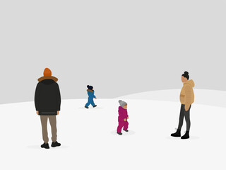 Wall Mural - Male character, female character and two children are walking in winter