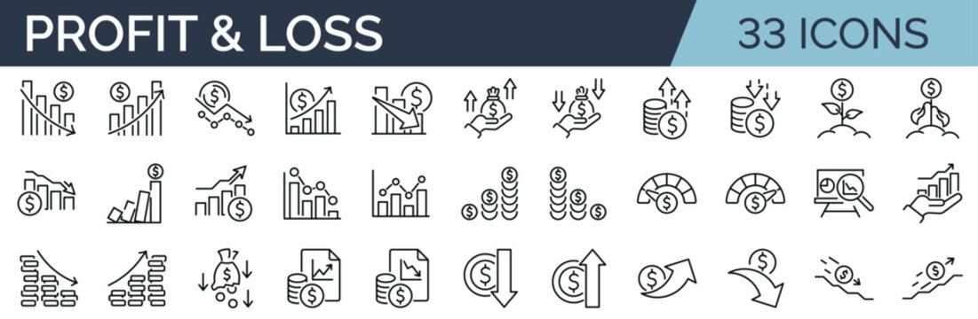 set of 33 outline icons related to profit and loss statement. linear icon collection. editable strok