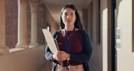 Sticker - School, time and teacher walking in hallway with clipboard for learning, lesson schedule and education. College, academy and portrait of educator check watch for lecture, morning class and teaching