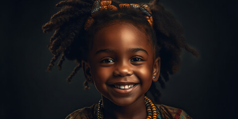 Wall Mural - Dark-skinned black african american girl smiling studio portrait. Happy child - Generative AI