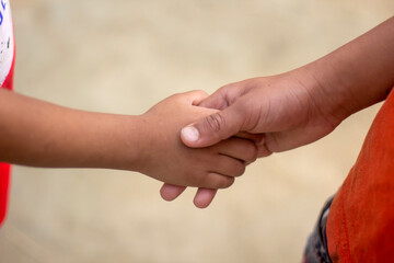 Two hands are holding each other and shaking hands and the background is blurred