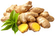 Fresh ginger root with green leaves and lemon wedges isolated on transparent background - a natural remedy for colds and flu
