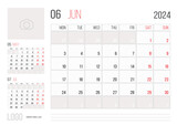 Fototapeta Dinusie - Calendar 2024 planner corporate template design - June month