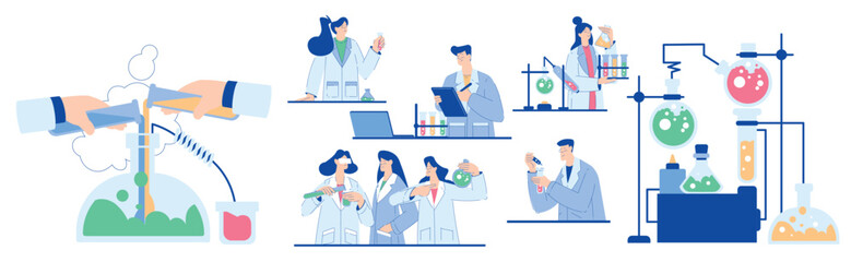 Poster - Chemistry with People Scientist Character Conducting Science Experiment in Chemical Laboratory Vector Set