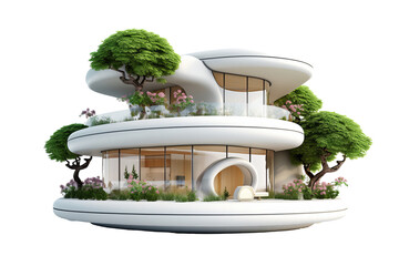 Modern, futuristic house with curved lines and greenery in a tropical setting PNG isolated on transparent background