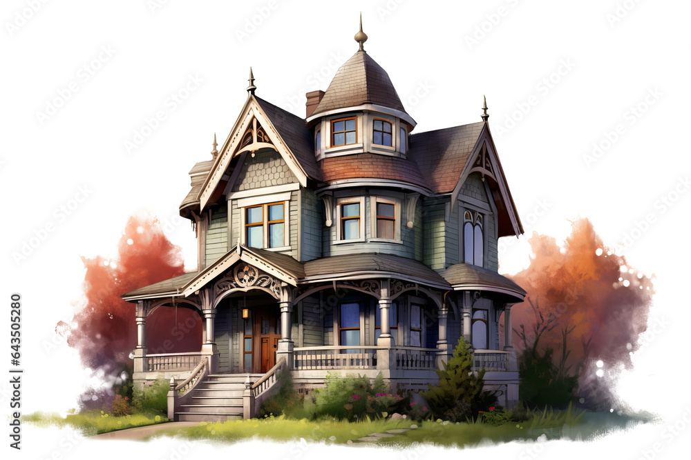 Victorian style house with turret and porch in a lush garden setting ...