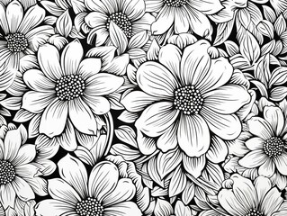 Generative AI : Doodle floral pattern in black and white. Page for coloring book: very interesting and relaxing job for children and adults. Zentangle drawing. Flower carpet in magic garden