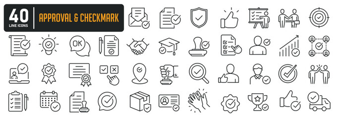 Wall Mural - approval and checkmark minimal thin line icons. related accept, certified, agreements, validation, c