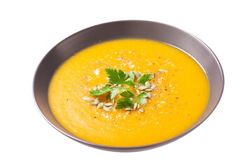 Poster - plate of pumpkin soup with parsley isolated on transparent background