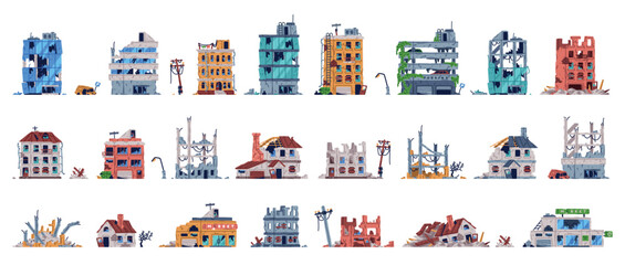 Poster - Destroyed Buildings and Broken Ruined Houses Vector Set