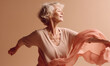 Graceful senior woman with grey hair dances in a beige studio. Generative AI