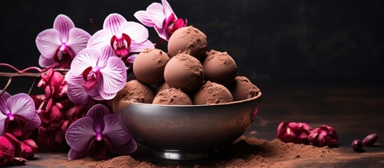Poster - Orchid flowers and cocoa powder adorn chocolate truffles in a brass vase