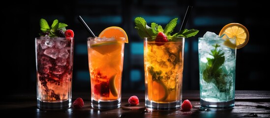 Poster - Fruit mint and ice adorn black table with tasty rum and vodka beverages