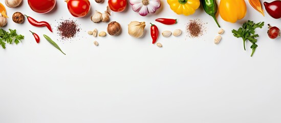 Wall Mural - Food preparation with seasoning veggies including pepper garlic cherry tomatoes on white table overhead view with room to write