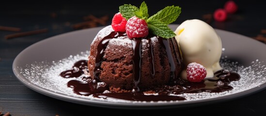 Wall Mural - lava cake made with fresh fondant hot chocolate and ice cream served on a plate